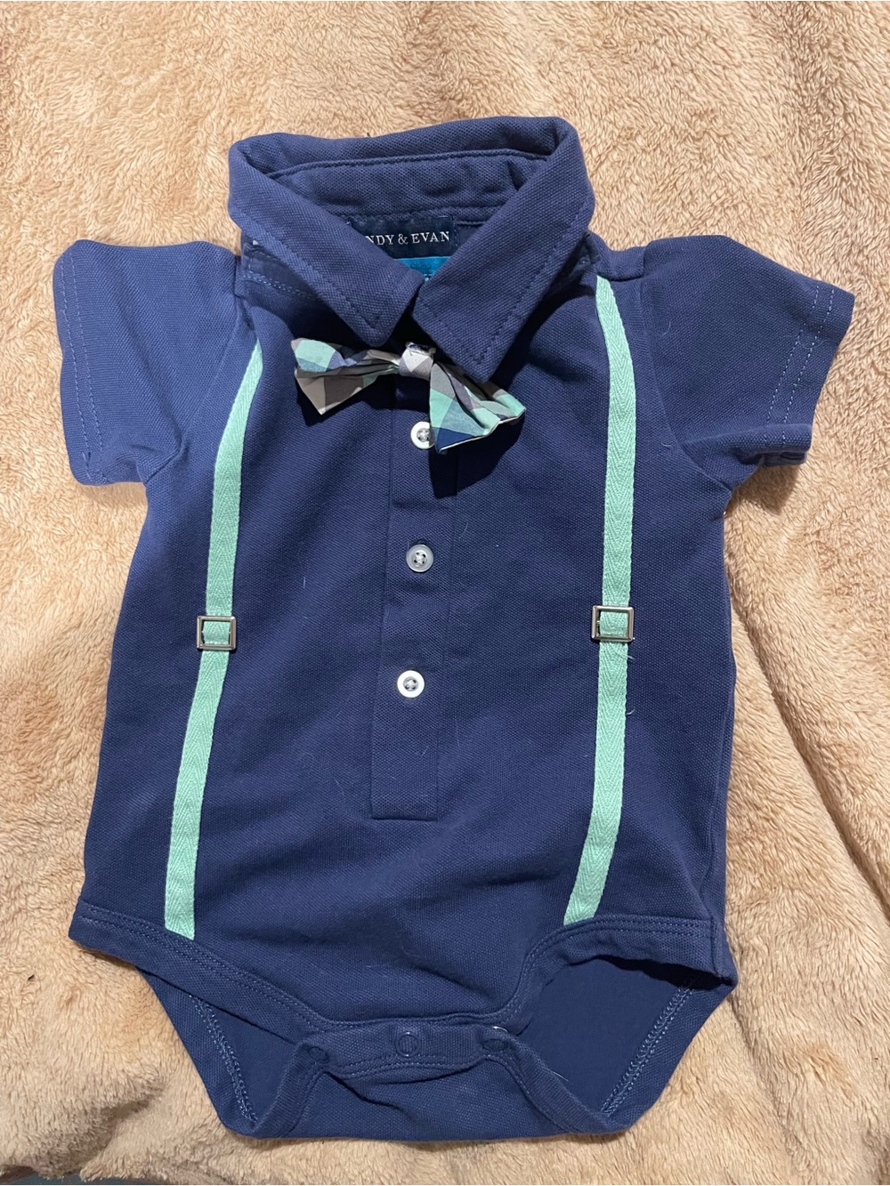 Andy & Evan Navy Bodysuit with Mint Green Suspenders and Plaid Bow Tie